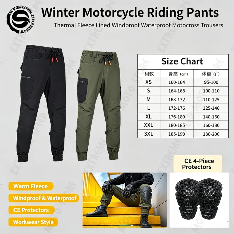 SFK Black Motorcycle Pants Winter Windproof Warm Men's Riding Trousers Splash-proof Fabric with CE Protective Gears Accessories