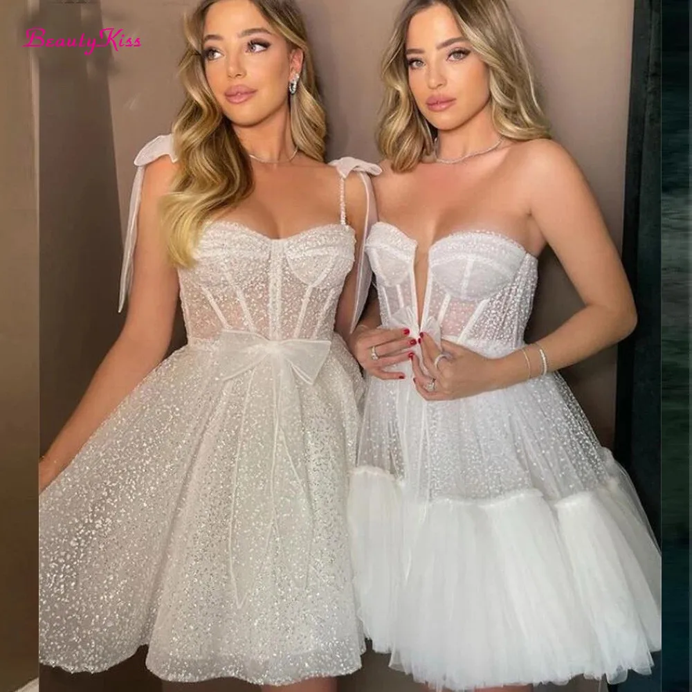 Shiny Dotted Tulle A-Line Short Wedding Dresses Sweetheart Straps Bones Princess Bride Party Prom Gowns Vestidos 2026