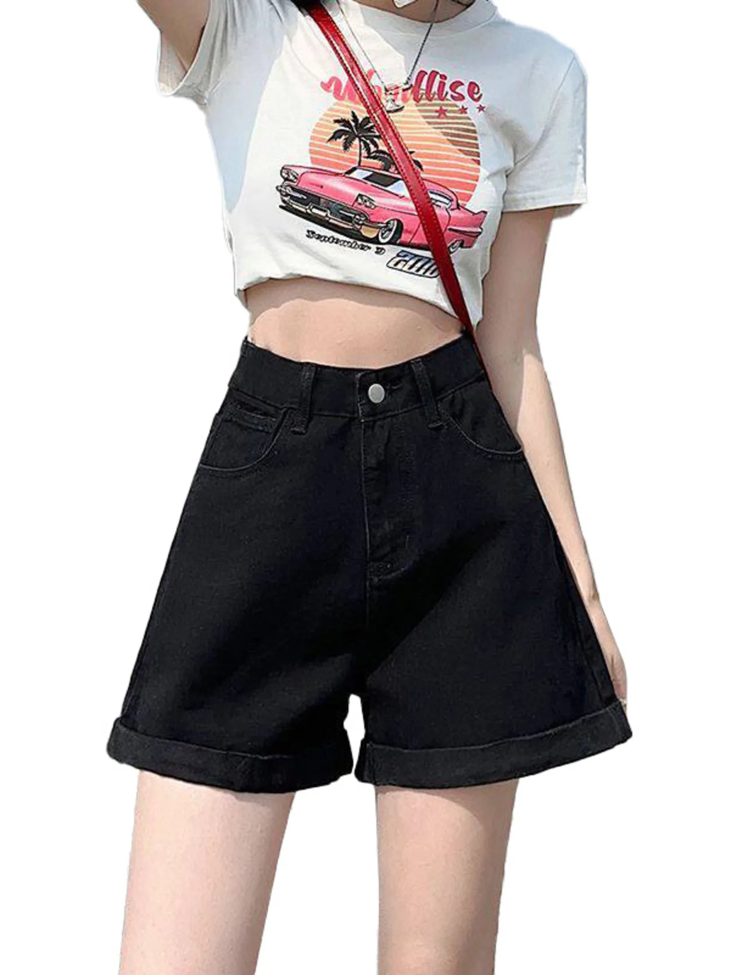 

Women's High Waist Denim Shorts 4 Colors Cuffed Hem Classic 5-Pocket Vintage Jean Shorts Casual Summer Y2K