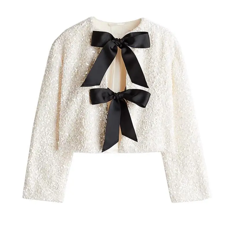 스팽글 매듭 롱 슬리브 라운드 넥 자켓 겨울 아우터웨어 출퇴근용 스트레이트 컷 폴리에스터 섬유 코트