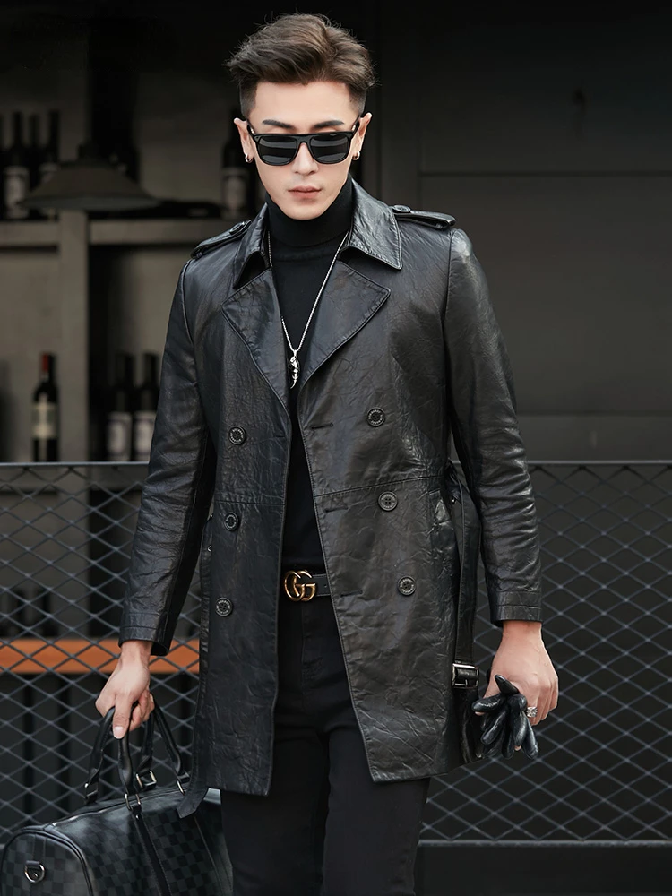 

Men's Trendy Handsome Black Sheepskin Coat Mid-Length Suit Collar Genuine Leather Jacket Men Double Breasted Belt Windbreaker