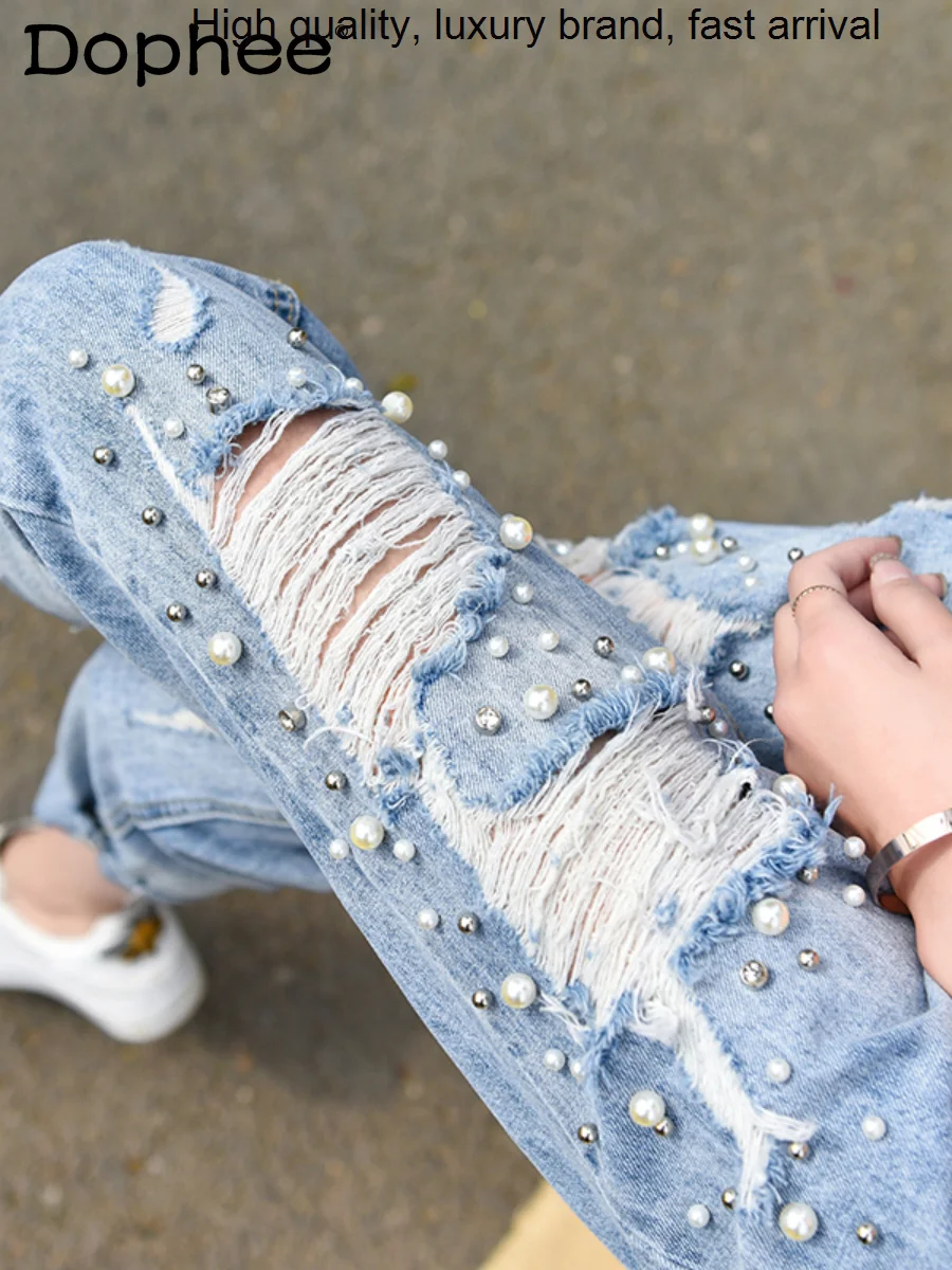 Pearl Hot Drilling Ripped Cropped Jeans for Women 2023 Summer Thin High Waist Slimming Baggy Female Blue Harem Denim Pants