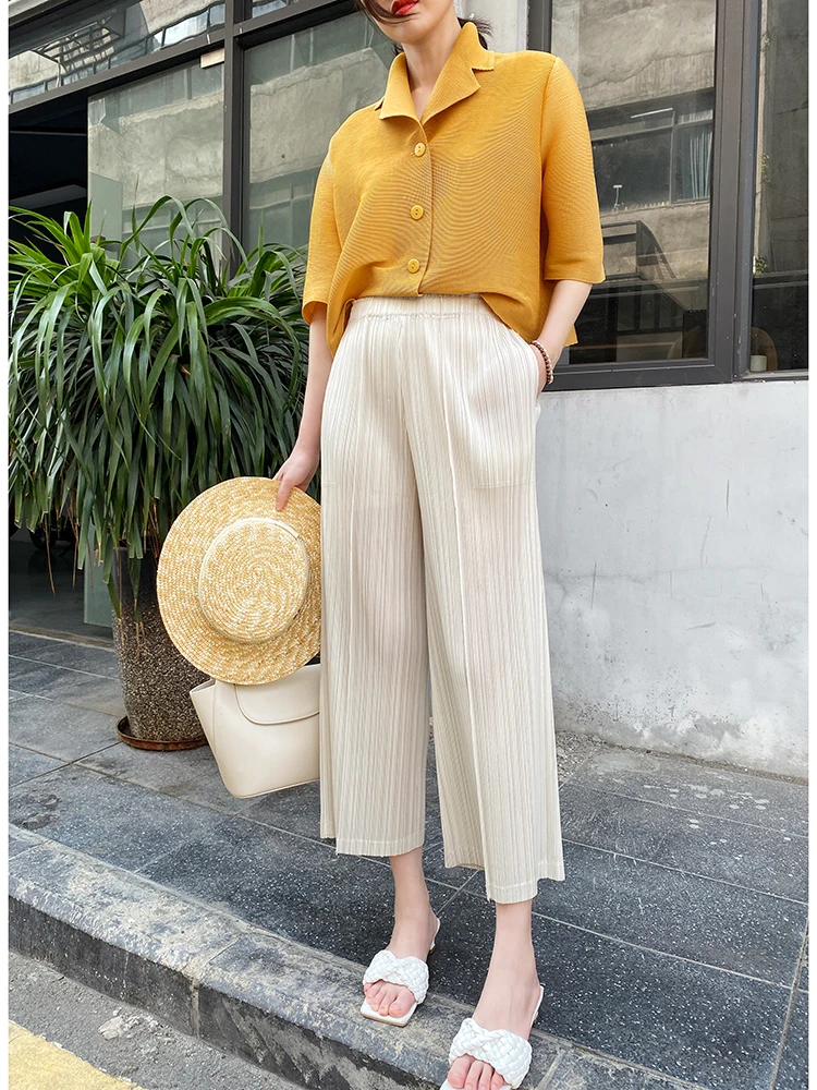 Spring Summer Autumn Women Casual Elegant Ladies Miyake Designer Loose Straight Pleated Pants High Waist Trousers In Stock