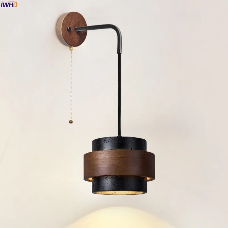 

IWHD Mid Century Modern LED Wall Sconce Reading Bedside Lamp Black Travertine Wire Adjustable Kitchen Living Room Light Arandela