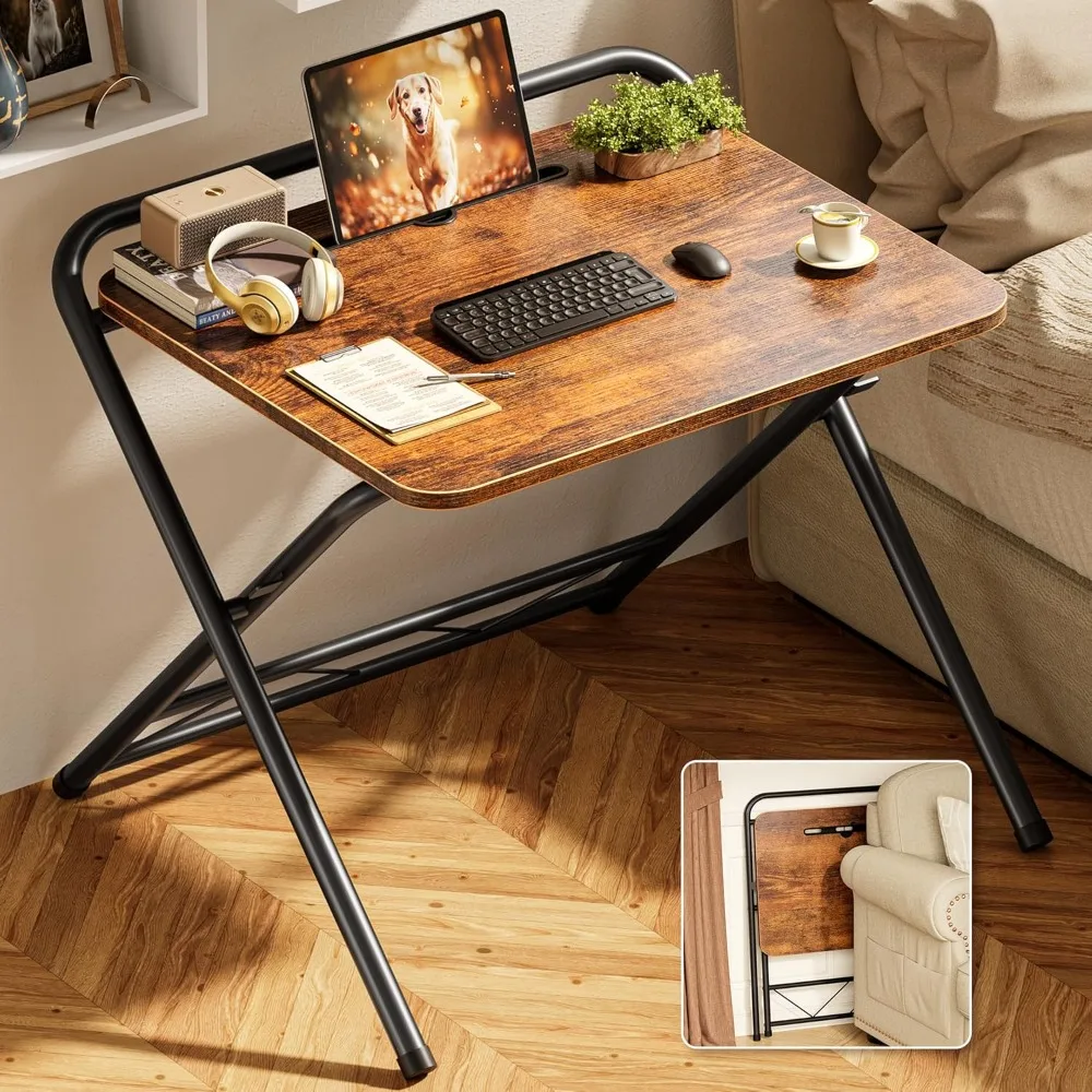 

Folding Desk with 3-Level Adjustable Height and Tablet Slot, 24 Inch Foldable Computer Desk for Small Spaces, Space Saving, Wri