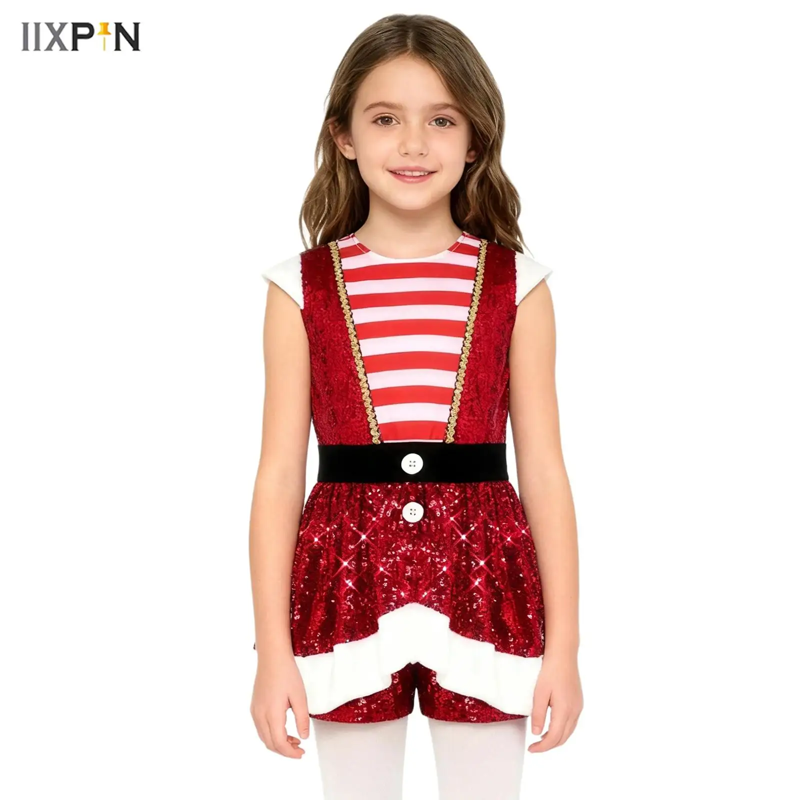 

Girls Christmas Candy Cane Stripe Dress Jumpsuit Sparkly Sequins Golden Webbing Cap Sleeve Waist Ruffled Overlay Shorts Jumpsuit