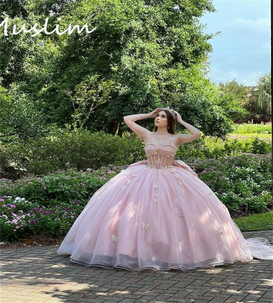 Gaun kupu-kupu mewah merah muda Quinceanera 2023 Debutante Vestido De Xv aultros putri Meksiko manis 15 gaun ulang tahun elegan