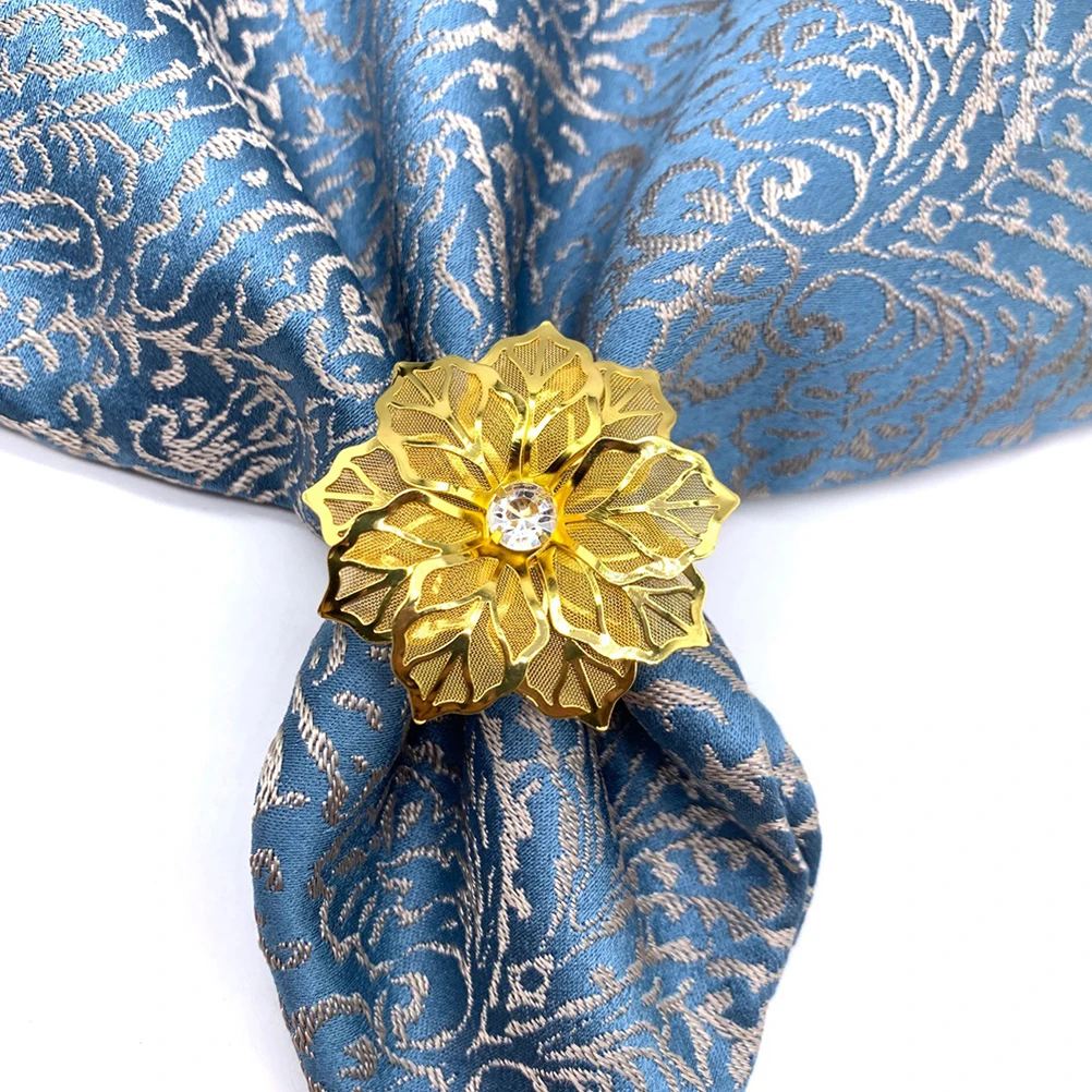 6Pcs Golden Napkin Holders Fine Craftsmanship Rhinestone Flower Design Anniversary Holidays Table Setting Gift