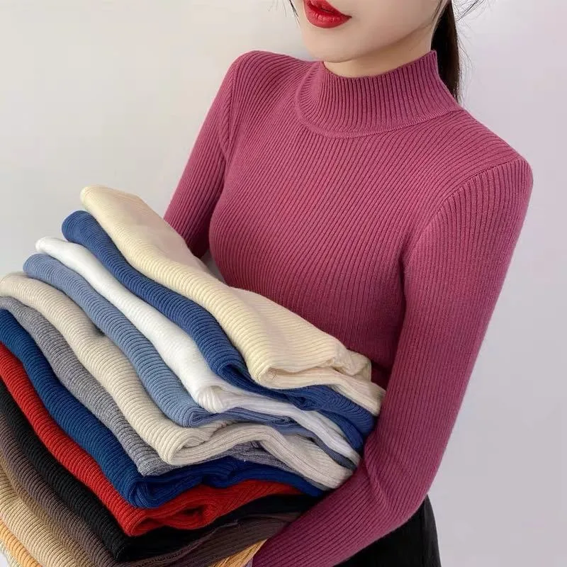 Herfst Winter Mock Hals Vrouwen Trui Vintage Basic Effen Gebreide Tops Casual Slanke Trui Koreaanse Truien Eenvoudige Chique Jumpers