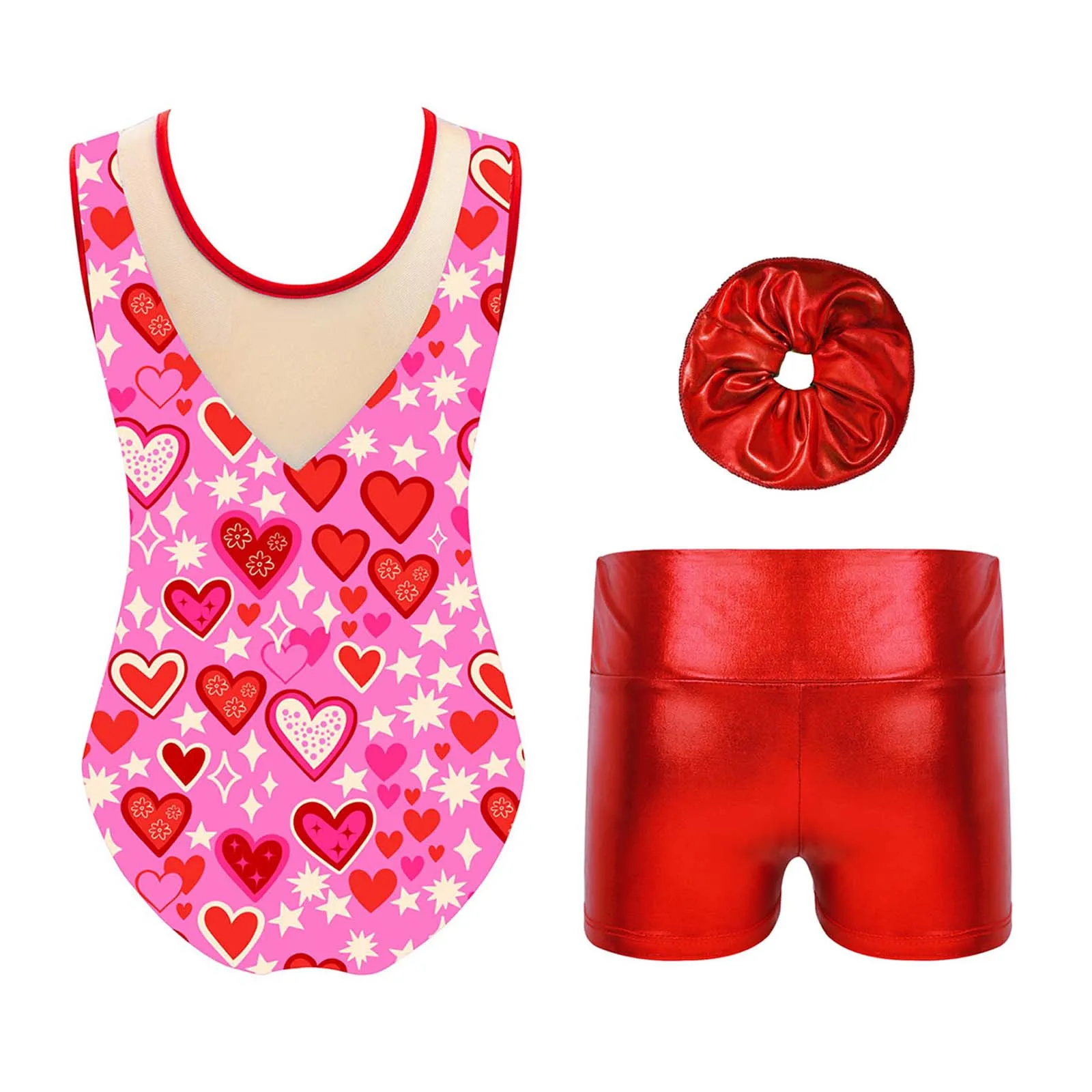 

Kids Girls Ballet Gymnastic Leotard Figure Skating Performance Costume Sleeveless Rhinestones Print Bodysuit with Shorts Sets