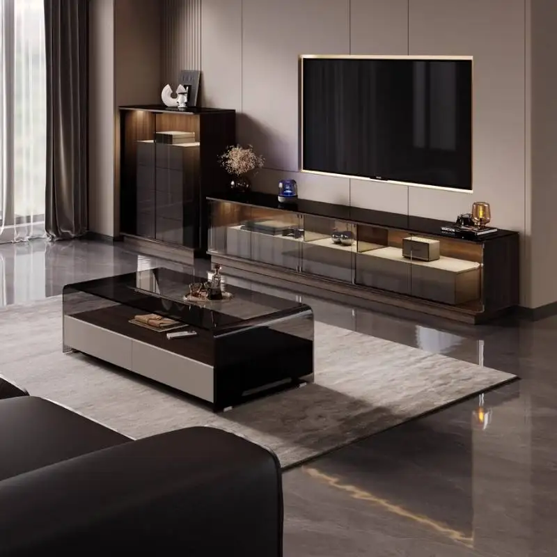 خزانة تلفزيون زجاجية إسكندنافية بتصميم تخزين أسود للشقق خزانة تلفزيون لغرفة المعيشة عرض فاخر أثاث منزلي من Fernsehr Schrank #3