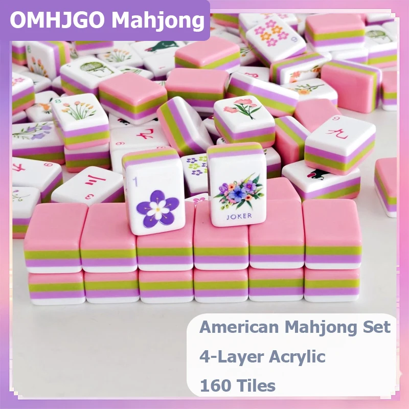 OMHJGO Luxury American Mahjong Set 4-Layer Acrylic Pink Mahjong Tiles Travel Mah Jongg Sets for Indoor Games & Table Activities