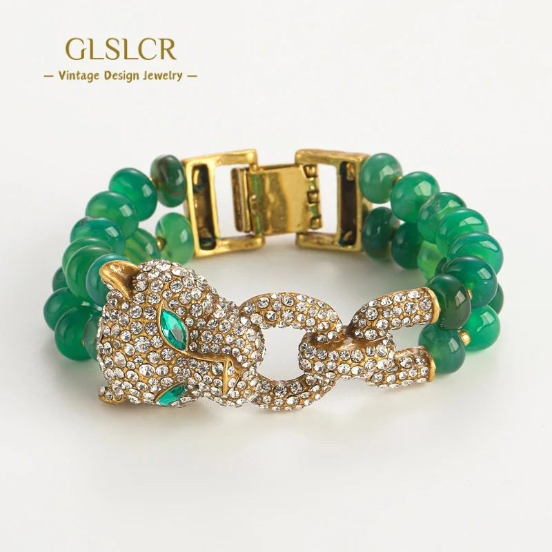 

Vintage Green Glaze Beads Bracelet Layered Rhinestone Leopard Head Women Gold Color Accessories Jewelry Luxury Charms Christmas