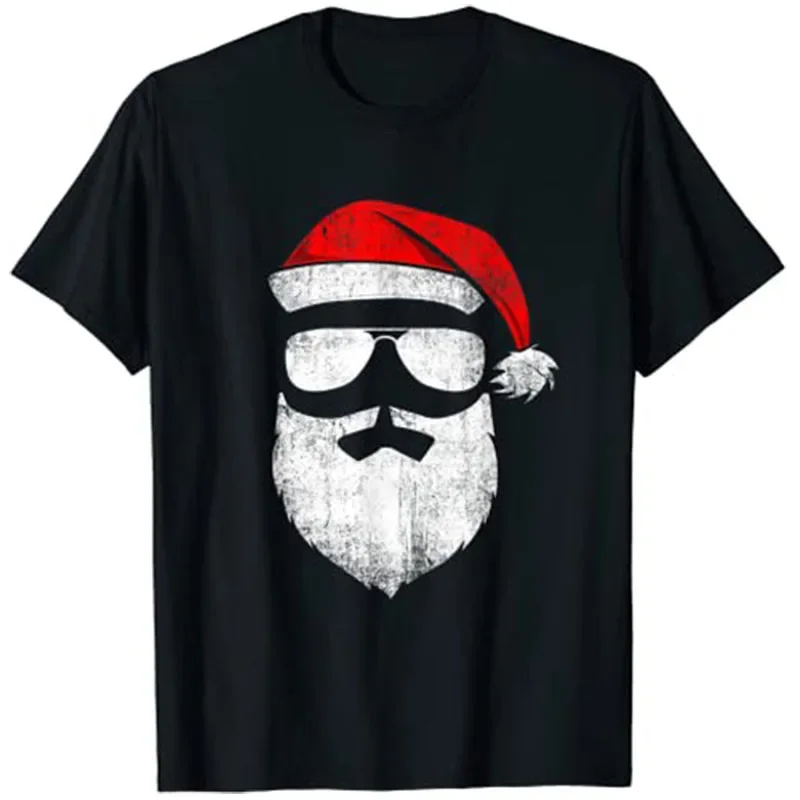 

Funny Santa Claus Face Sunglasses with Hat Beard Christmas T-Shirt Men's Fashion Xmas Costume Saying Tee Fashion Y2k Top Gifts