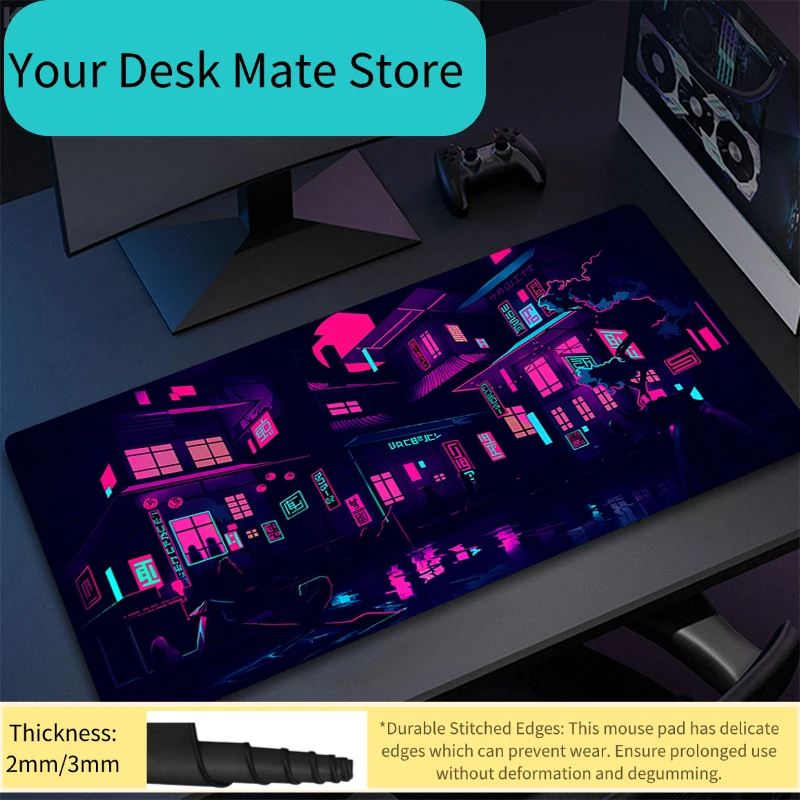 

Фиолетовый неоновый игровой коврик для мыши в стиле японского уличного дизайна Токио, удлиненный аниме-коврик для мыши, настольный коврик для клавиатуры для геймеров, художественный игровой коврик