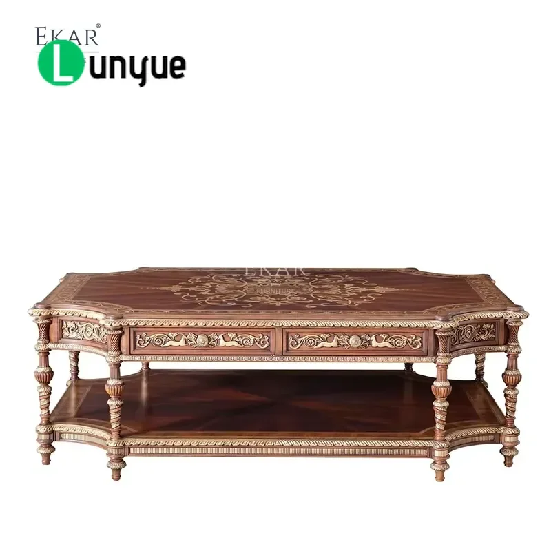 Royal Sovereign Inlaid Coffee Table Hand Carved Gold Plated Trim Luxury Living Room Furniture Elegant Center Table Decor