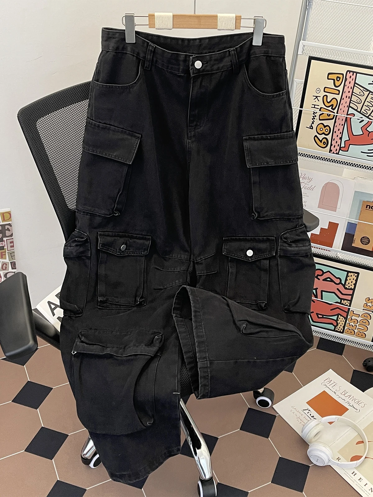 

Джинсы Bla с несколькими карманами для рабочей одежды, свободные посадки, винтажные широкие брюки длиной до пола для мужчин и женщин