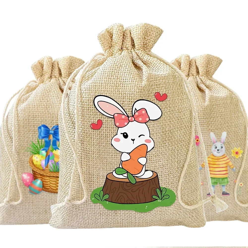 

36pcs Easter Burlap Gift Bag Bunny Linen Goodie Candy Bags with Double Jute Drawstring for Party Birthday Favor Gifts for Guests