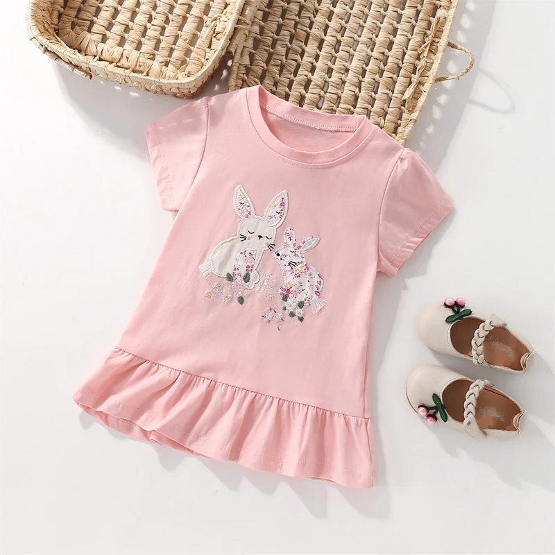Jumping Meters 3-8T New Arrival Bunny Embroidery Hot Selling Cotton Summer Girls Tshirts Baby Clothes Children\'s Tees Tops