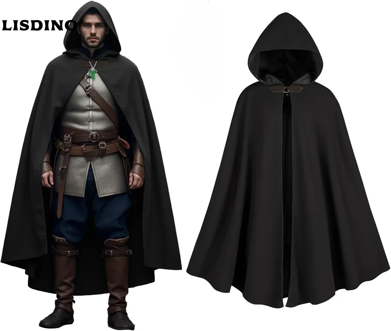 

Мужской плащ с капюшоном, средневековый костюм, мужской плащ с круглой металлической пряжкой и брошью из зеленого листа, ожерелье на Хэллоуин