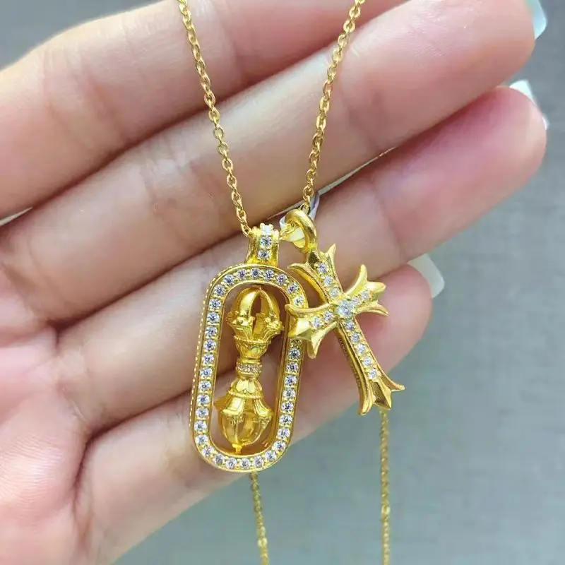 

9999 24K Real Gold Inlaid Diamond Cross Diamond Pestle Pendant Demon Slaying Pestle Full Diamond Pendant Necklace Accessories