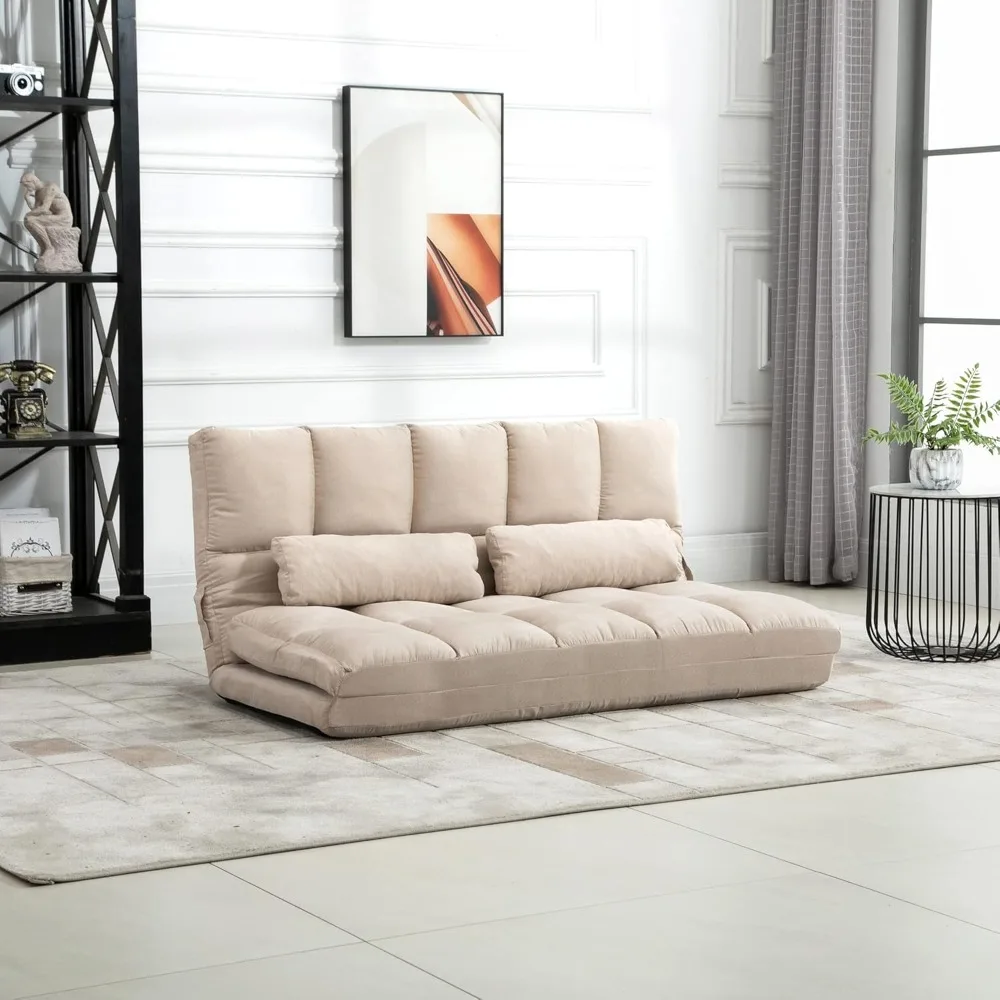 Convertible Floor Sofa Chair, Folding Couch Bed, Guest Chaise Lounge with 2 Pillows, Adjustable Backrest and Headrest