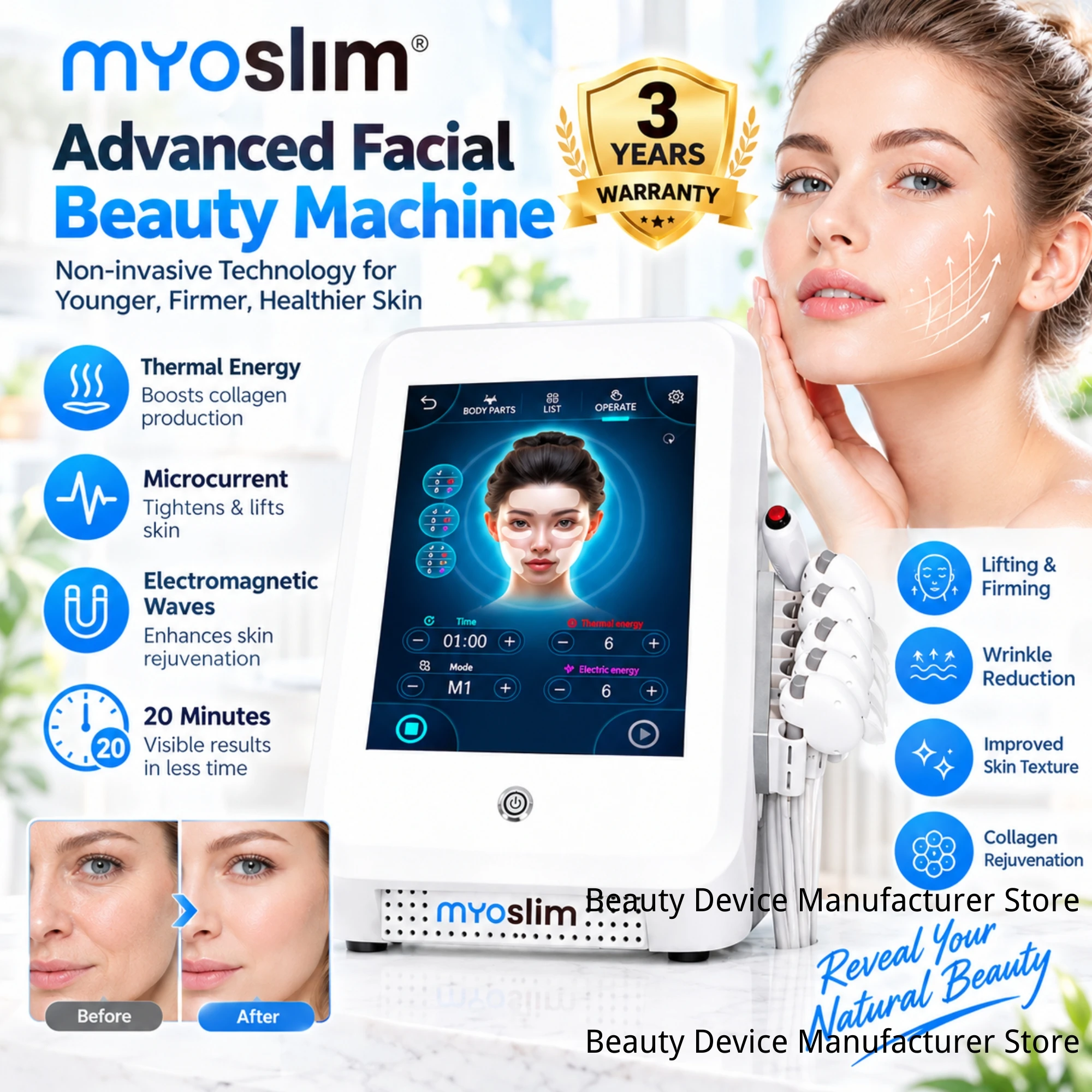Microcurrent Facial Device Skin Tightening Machine with 5 Handles — 20 Minutes Full Face Lifting Anti Wrinkle Beauty Equipment