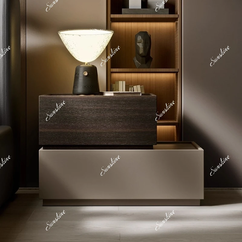

Minimalist bedroom bedside table creative storage locker smoked wood color combination