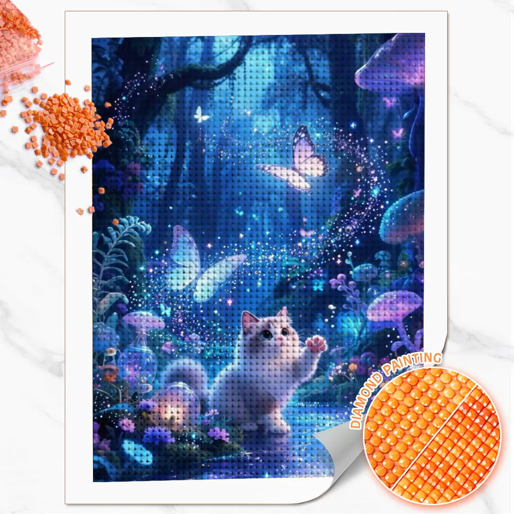 Huacan Full Diamond Painting Magic Forest Kitten Diamond Embroidery Animal Landscape Complete Kit Home Decoration