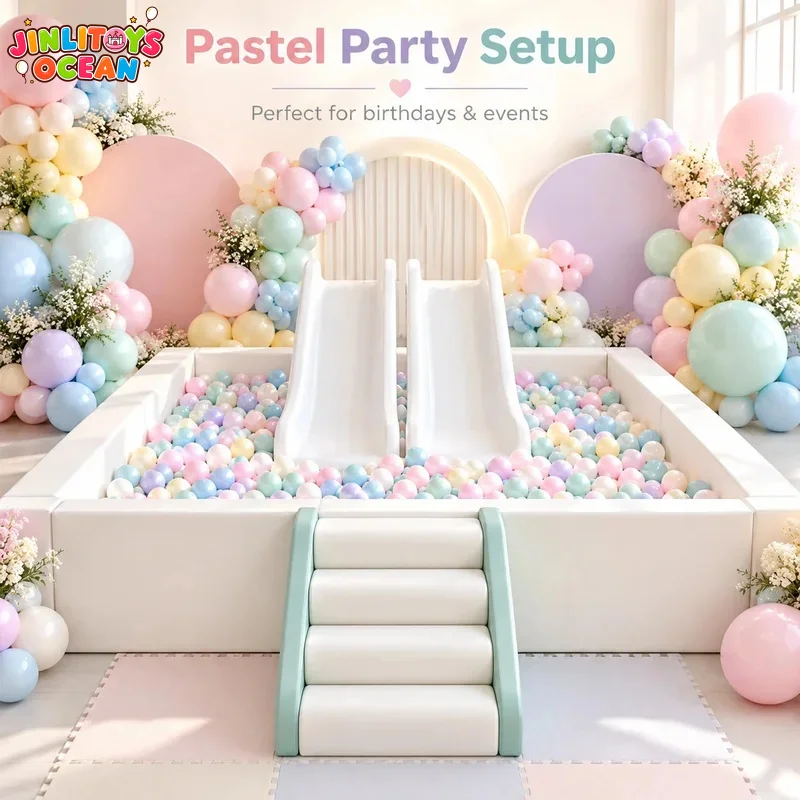 Premium White Pastel Green Soft Play Ball Pit With Roller Steps Custom Kids Ocean Ball Pool Indoor Outdoor Playground Equipment