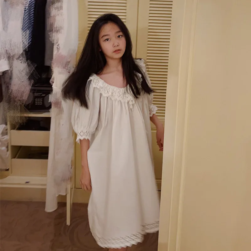 Girls Summer French Style Short Sleeve Nightdress Women Loose 100% Cotton Home Dress White Color Sweet Embroidery Nightgown New