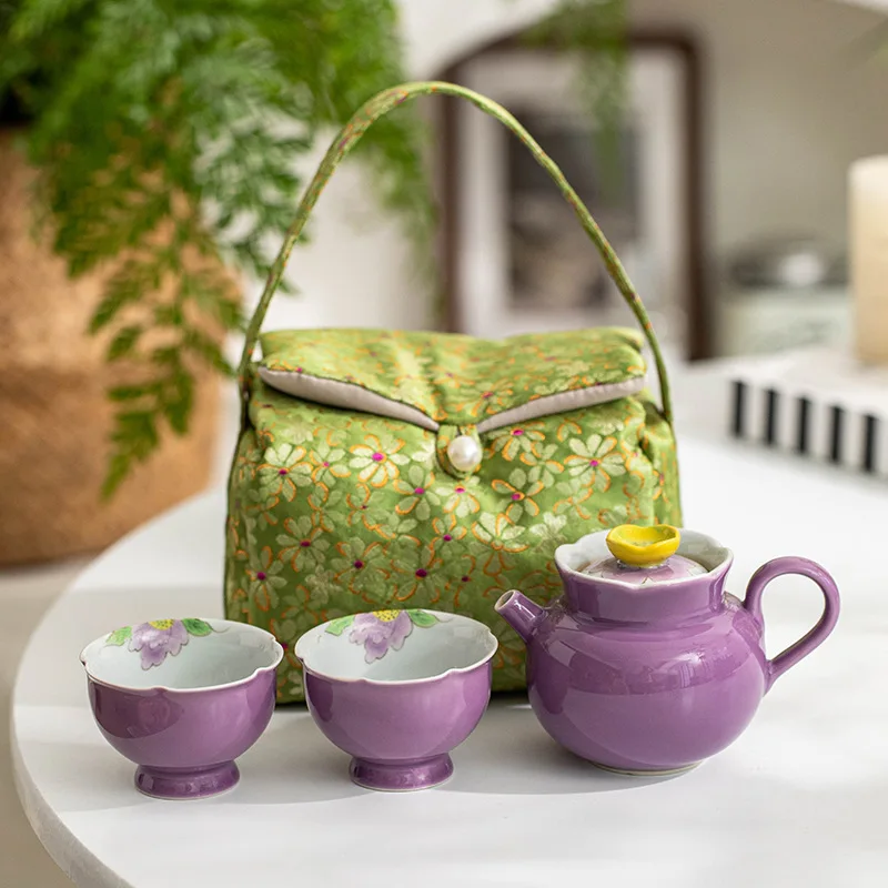 

Hand-painted Peony Hibiscus Purple Ceramic Kung Fu Tea Set One Pot Two Cups Storage Bag Household Teapot Teacup Portable Set