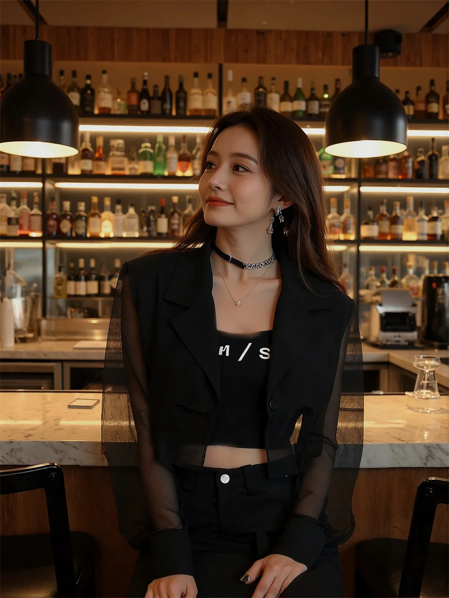 Sun-proof Cropped See-through Back-Slit Blazers Elegant Woman Clothes For Women Ruffles Split-Side Washed Single-Row Dark Tender