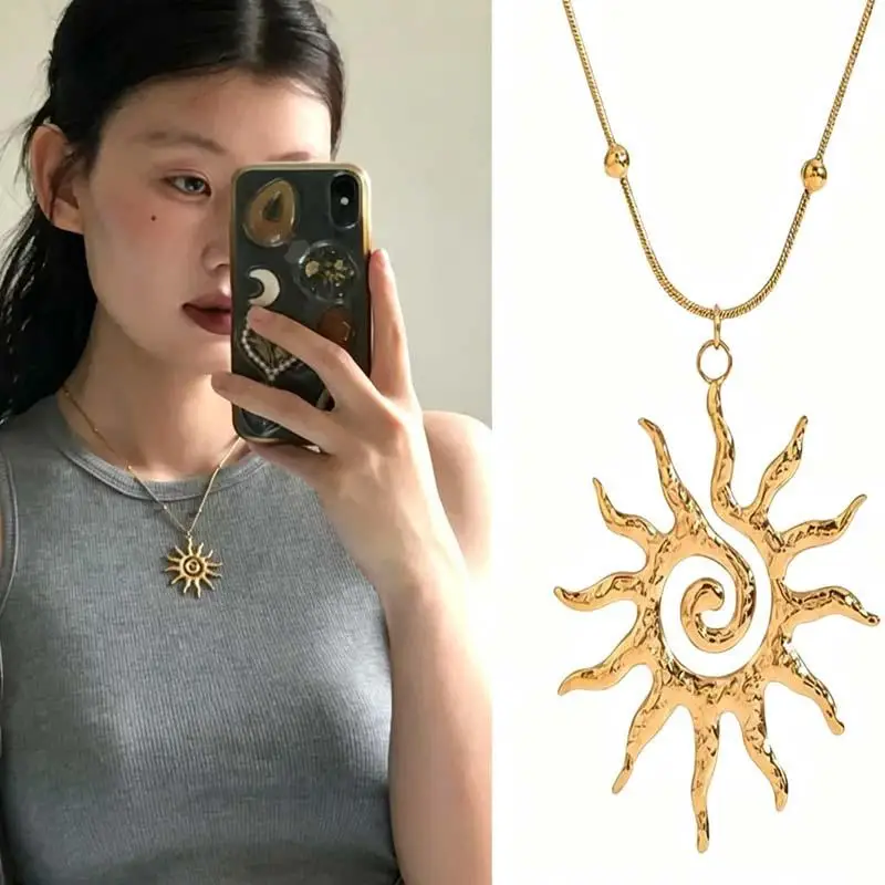 Bohemian Gold Plated Tarnish Resistant Jewelry Set Spiral Sun Pendant Necklace Earrings for Bridal Shower Gift