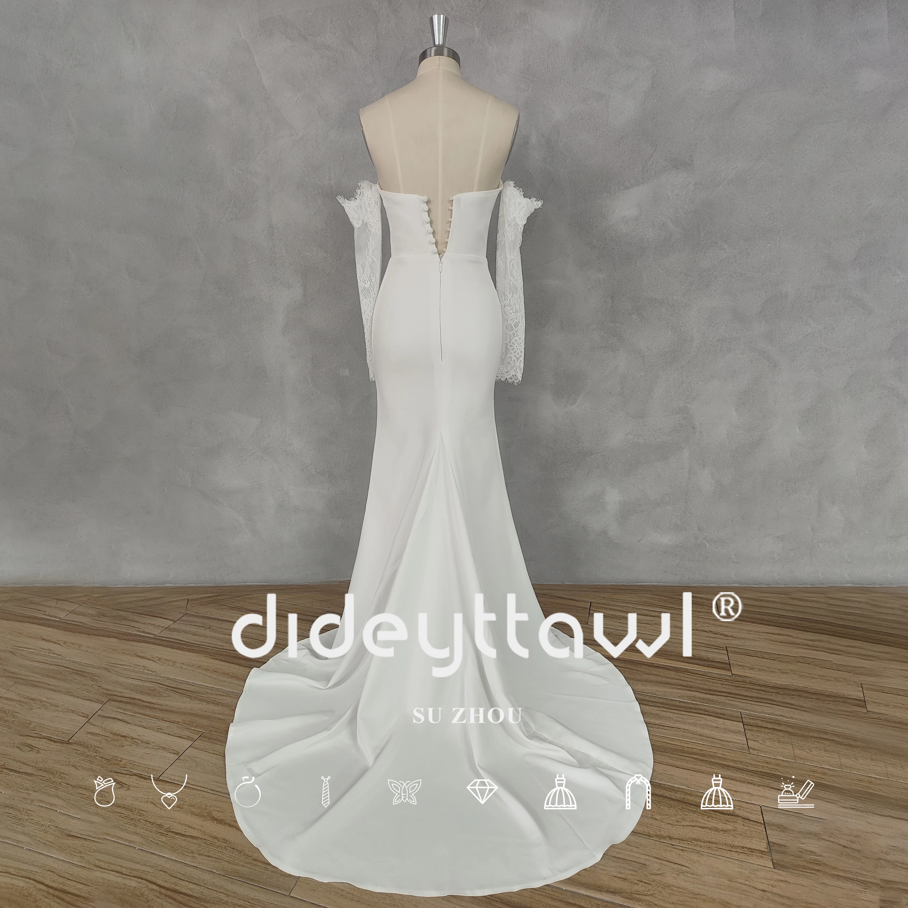 DIDEYTTAWL Real Picture Elegant Off-Shoulder Pleats Mermaid Wedding Dress Button Back Lace Court Train Lace Up Back Bridal Gown