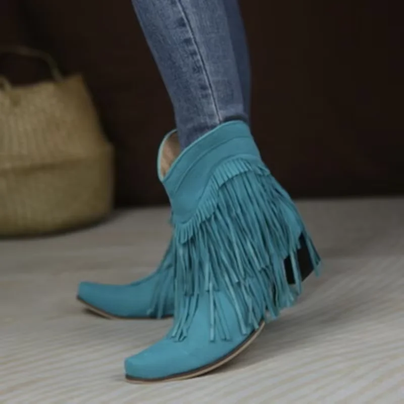 Women Winter Boots Square Toe Fringe Shoes Flock Warm Wide Fitting 46-34 Wedges Heels 4cm Blue Yellow Comfortable Botas Zapatos