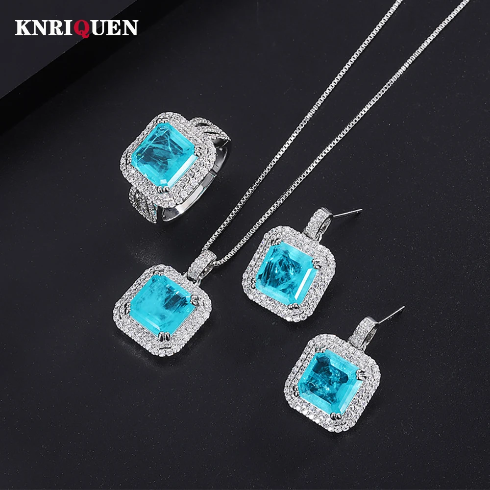 

2022 Trend 10*10mm Blue Paraiba Tourmaline Stone Necklace Pendant Ring Earrings Women's Luxury Wedding Party Fine Jewelry Gift