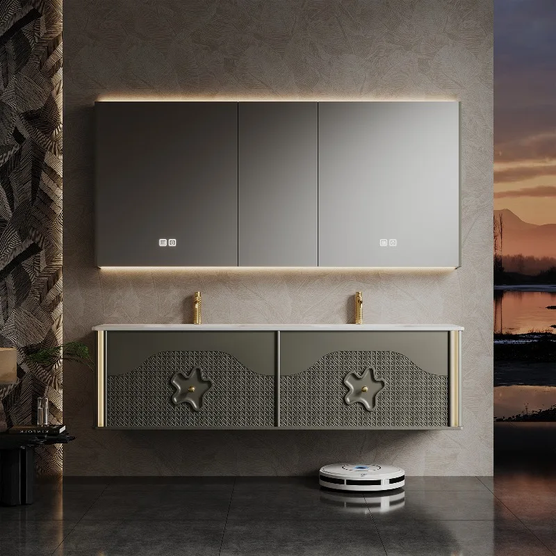 Modern Luxury Wall-mounted Bathroom Vanities, Star Handle Cabinet With Embossed Texture LED Storage Mirror Furniture