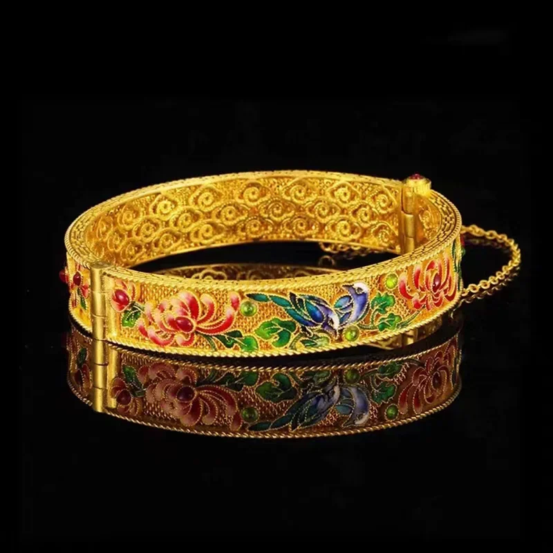 

Pure gold high quality 999 real gold 24K gold enamel case Qimei bracelet ladies retro bracelet AU999 bracelet