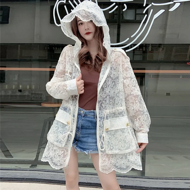 Spring Summer Mid-Long Women\'s Sunscreen Coat 2024 New Fashion Hooded Sun Protective Clothing Embroidery Outerwear Female