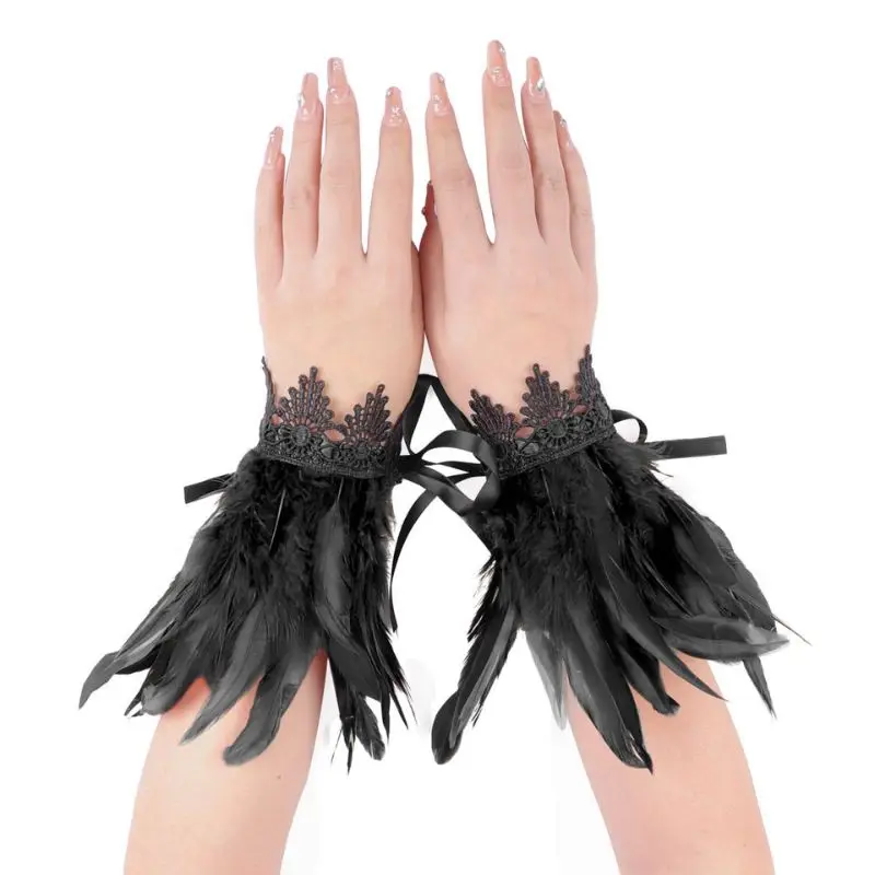 Black Feather Wrist Cuffs Retro Vintage Punk Gothic Feather Cuffs For Women Man Halloween Party Goth Rave Costume Cosplay Prop