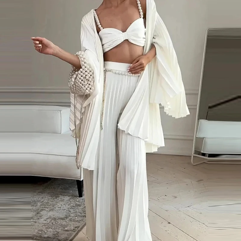 

Women's Casual Long Sleeve Loose Party Suits Elegant Draped Solid 3 Piece Sexy Sexy Pearl Bra & Cardigans & Long Pants Outfits