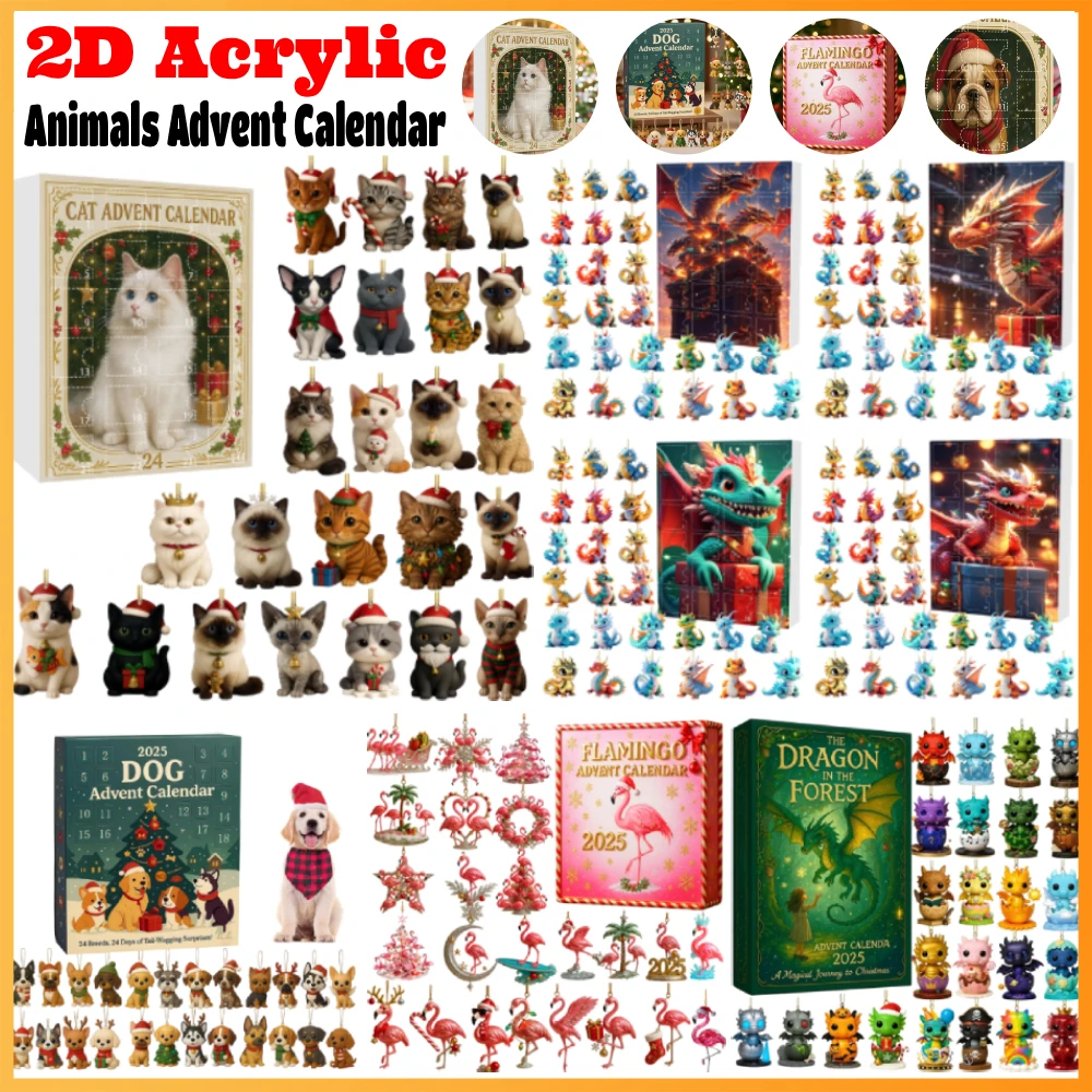 Cat Lovers 24 Days Christmas Advent Calendar Calendar 2D Acrylic Cat Dog Countdown Calendar Box Xmas Tree Pendent Ornament Gifts