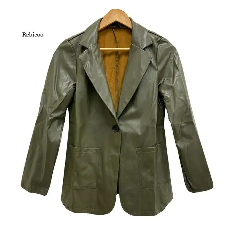 PU Leather Jacket Coat Ladies Basic Soft Short Outwear Punk Clothing Faux Leather Spring Autumn Women Motorcycle Army Green Full