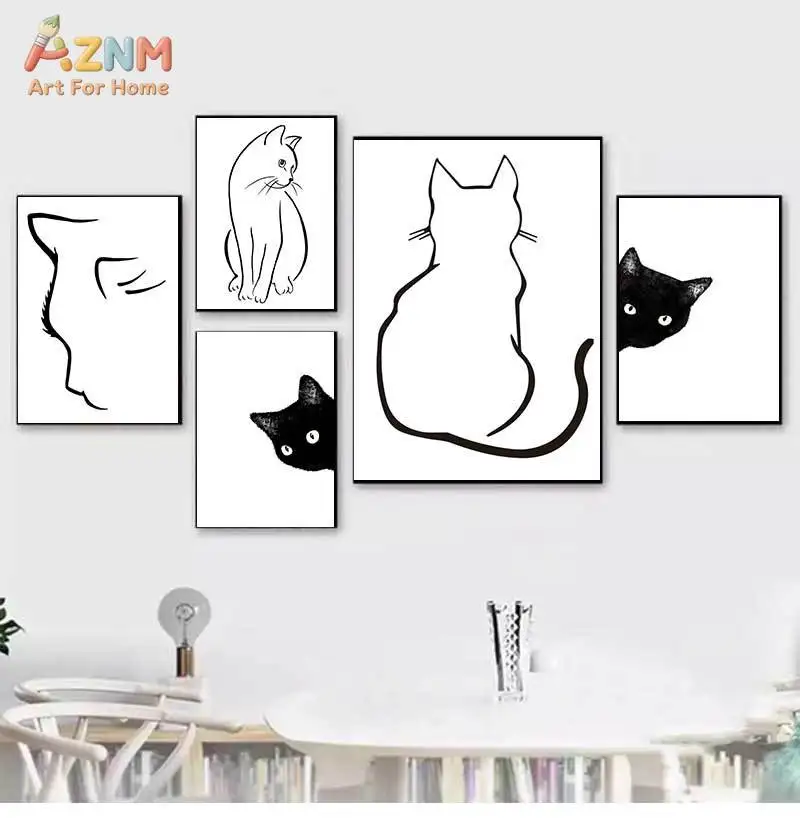AZNM Minimalist Black White Cat Line Canvas Print Simple Abstract Kitten Silhouette Modern Living Room Wall Poster Unframed Deco