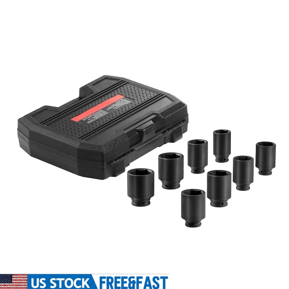 

Набор глубоких ударных головок с приводом 1/2 дюйма, 12-точечный 8-компонентный инструмент CR-MO со стальной метрической осью и футляром для хранения, автомобильные ремонты