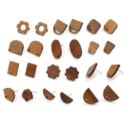 10pcs Handmade Brown Wood Geometric Round Flower Stud Earring For Women DIY Earrings Jewelry Gifts Accessories Findings W/ Loop
