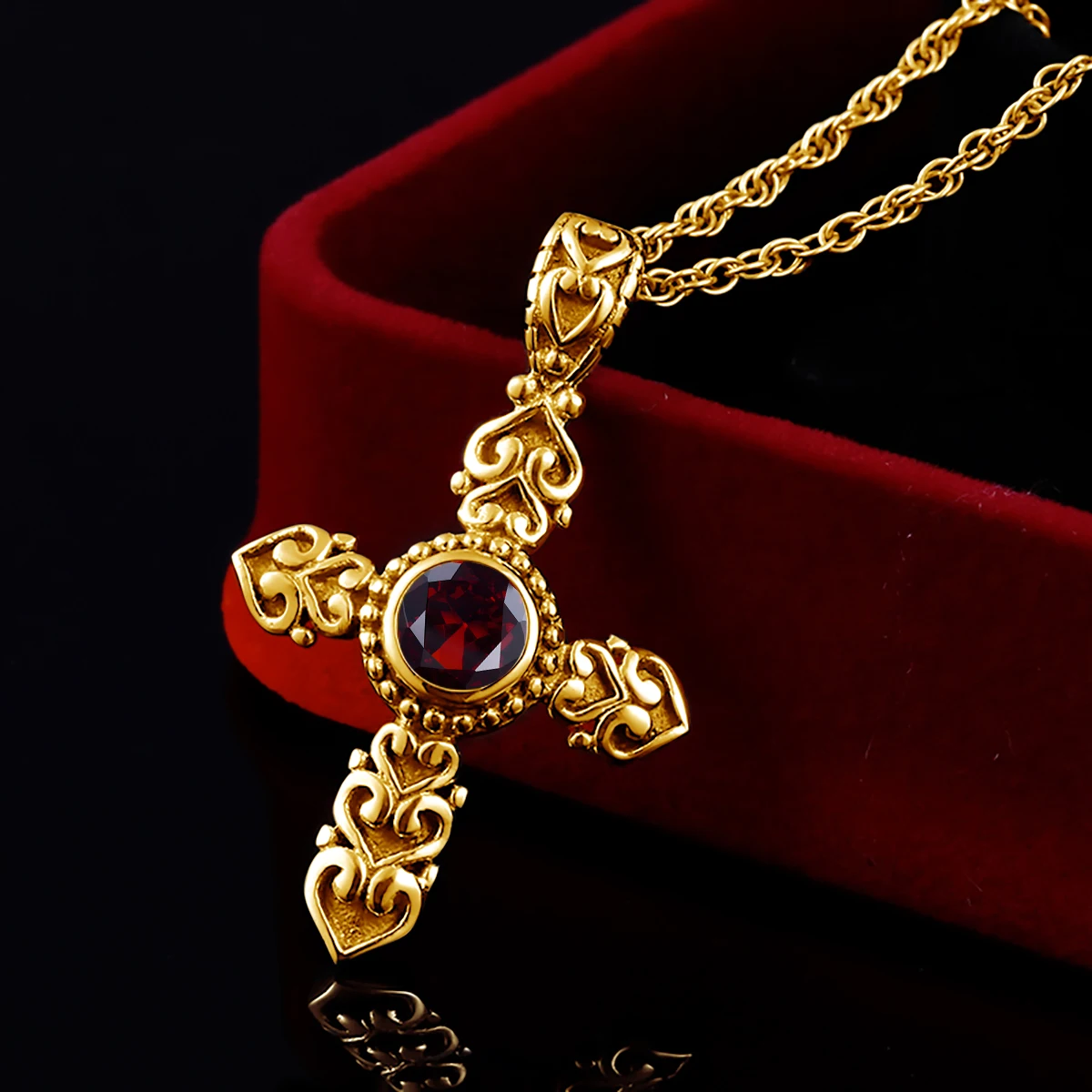 Szjinao Yellow Gold Garnet Cross Necklace Womens Pendant With Stone God Bless You Pendant Christian Jewelry Luxury Gift Female