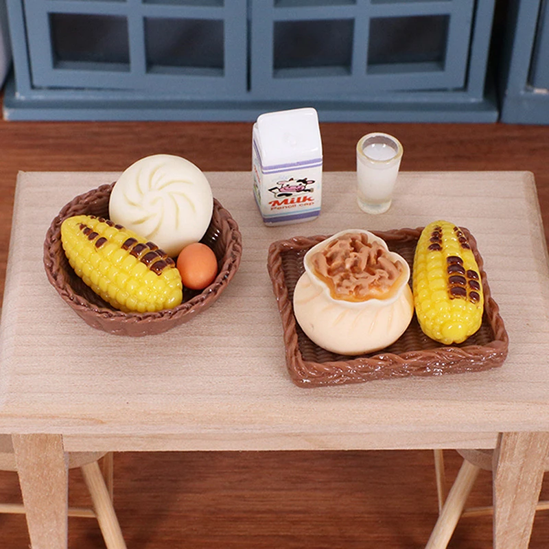 1/12 Dollhouse Simulation Mini Buns Corn Egg Milk Breakfast Model Dollhouse Kitchen Food Decoration Kid Pretend Play Toys