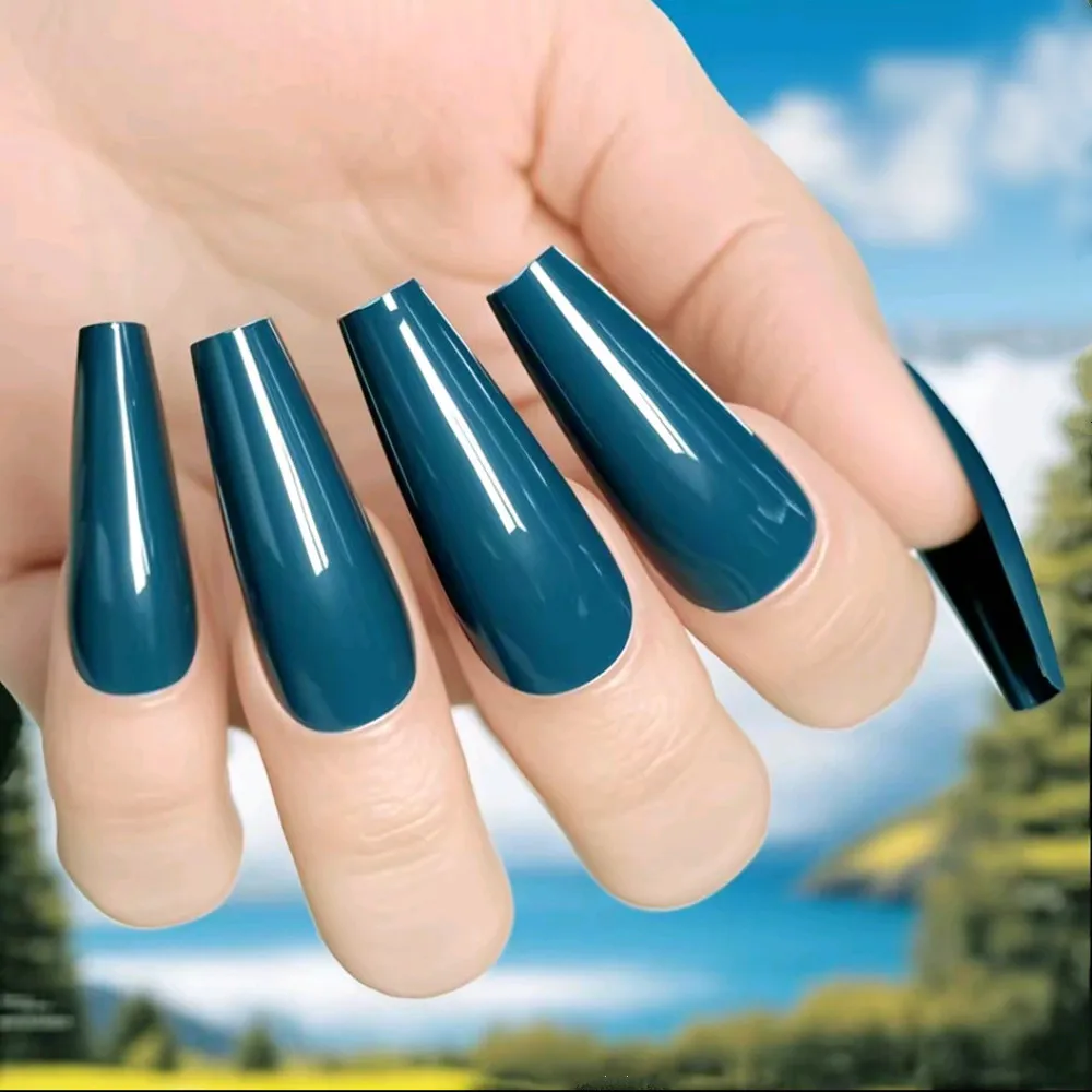 

48Pcs Long Press On Fake Nail With Glue Acrylic Coffin False Nails Navy Blue DIY Ongle Faux Easy Finger Tip Manicure Tool